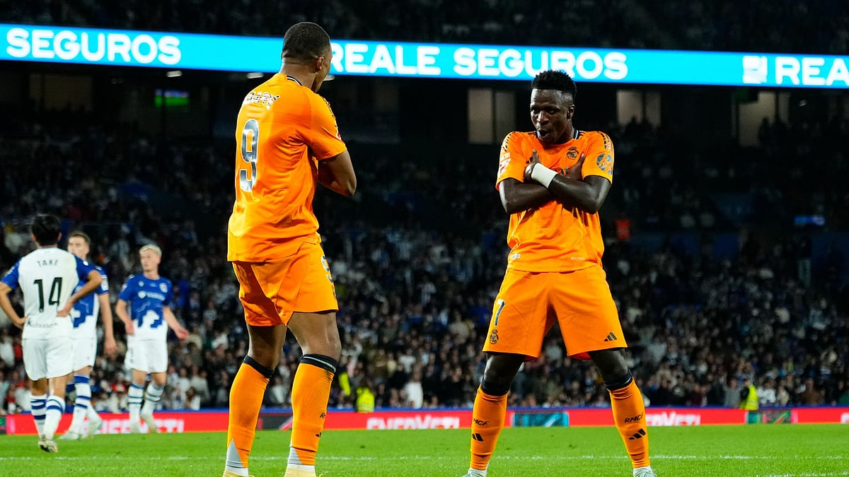Vinicius (right) and Mbappe celebrate Madrid's first goal