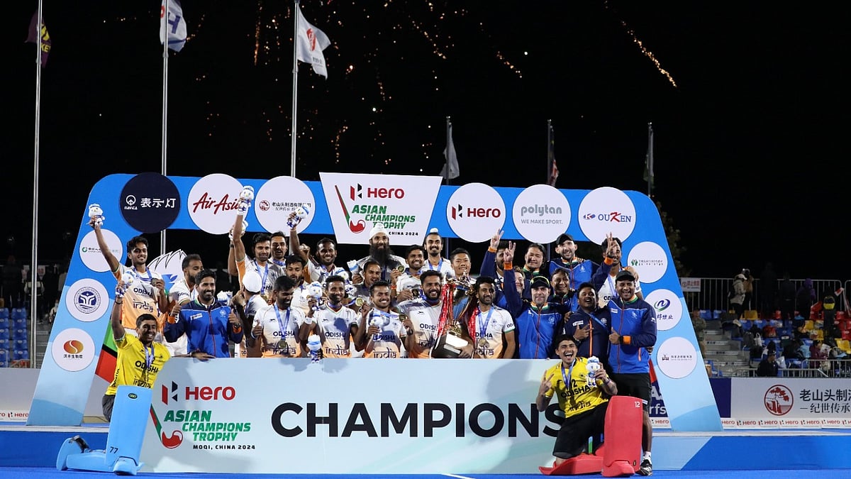 India celebrate after winning the Asian Champions Trophy hockey title for a record fifth time, in Hulunbuir, China on Tuesday (September 17, 2024). - Hockey India