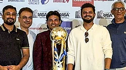 Suresh Raina (second from right) and Ambati Rayudu (extreme left) at a media interaction ahead of the season 3 of Legends League Cricket. - X/Legends League Cricket