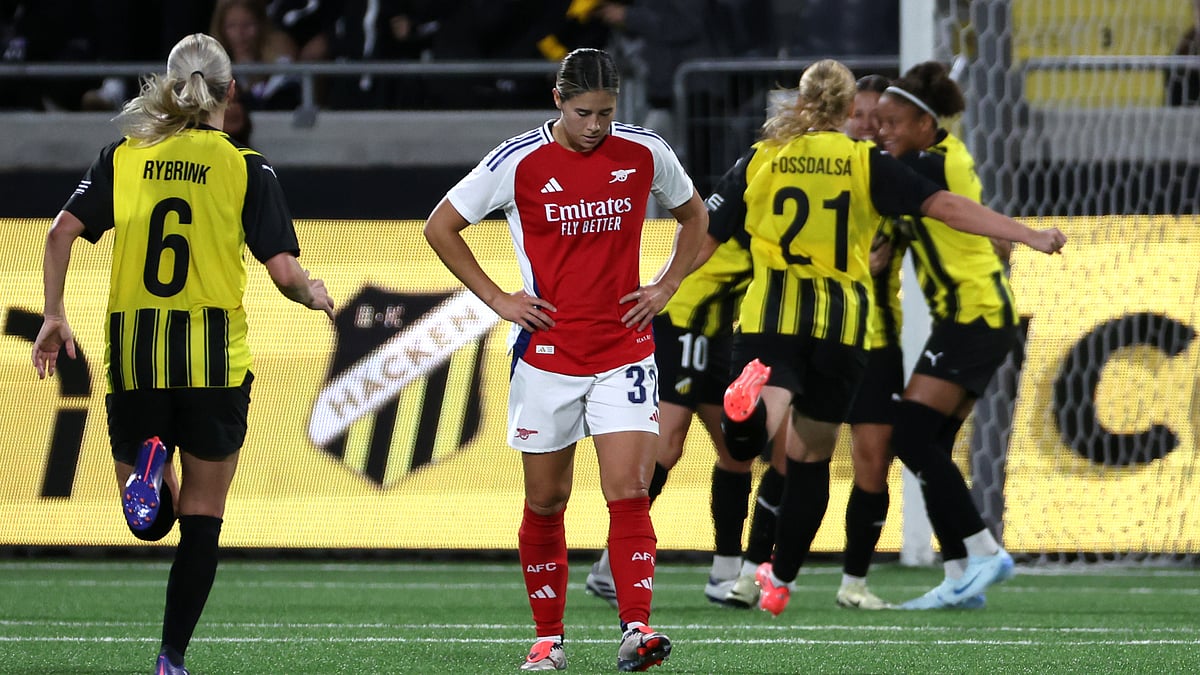 Hacken celebrate their second-half winner against Arsenal