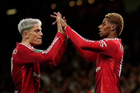 EFL Cup, Manchester United vs Barnsley: Manchester United's Marcus Rashford celebrates with Alejandro Garnacho after scoring the fifth goal