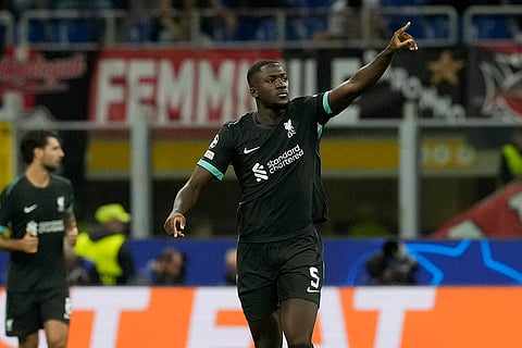 Champions League 2024-25, AC Milan and Liverpool: Liverpool's Ibrahima Konate celebrates scoring his side's first goal 