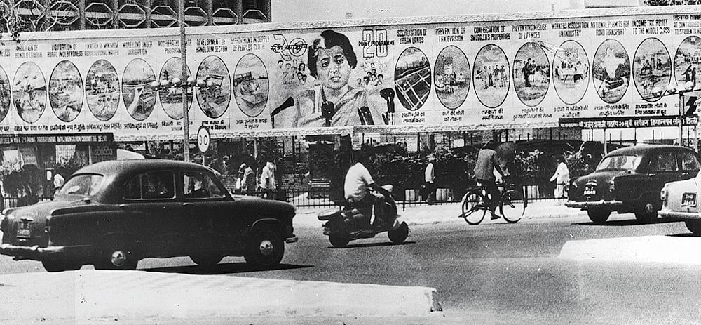 A roadside hoarding in New Delhi featuring Indira Gandhi’s 20-point economic programme in 1976
