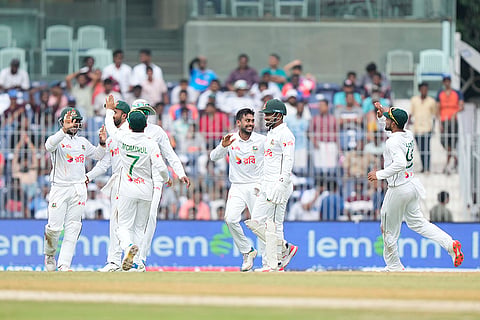 IND Vs BAN, 1st Test Day 1: Bangladesh's Mehidy Hassan Miraz, centre, celebrates the wicket of India's KL Rahul