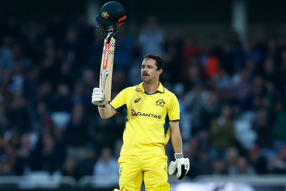 | Photo: Nigel French/PA via AP : England Vs Australia 1st ODI: Australia's Travis Head celebrates 100 runs
