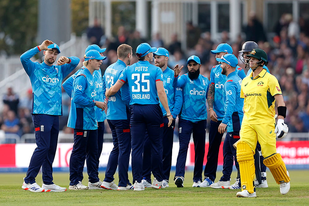 ODI Cricket, England vs Australia - Livingstone celebrates the wicket of Steven Smith