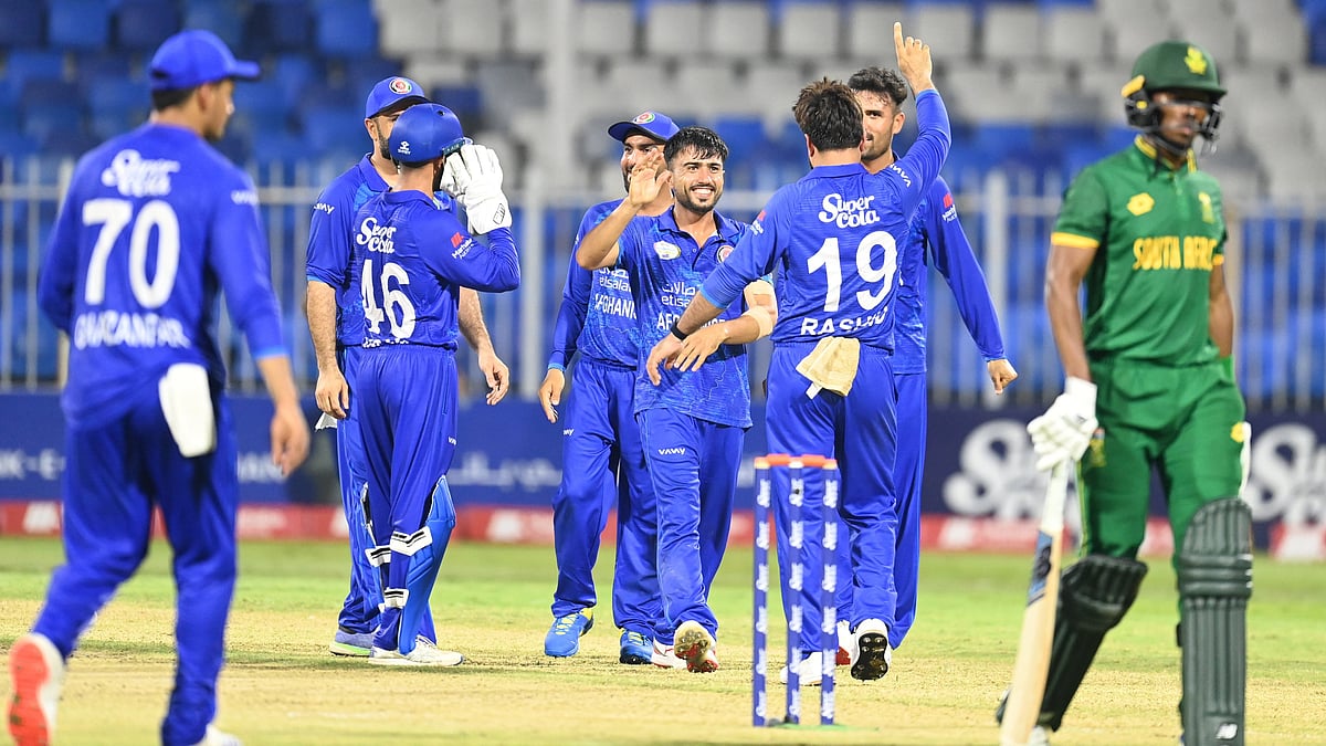 X/ACBofficials : Afghanistan players celebrate a South African wicket.