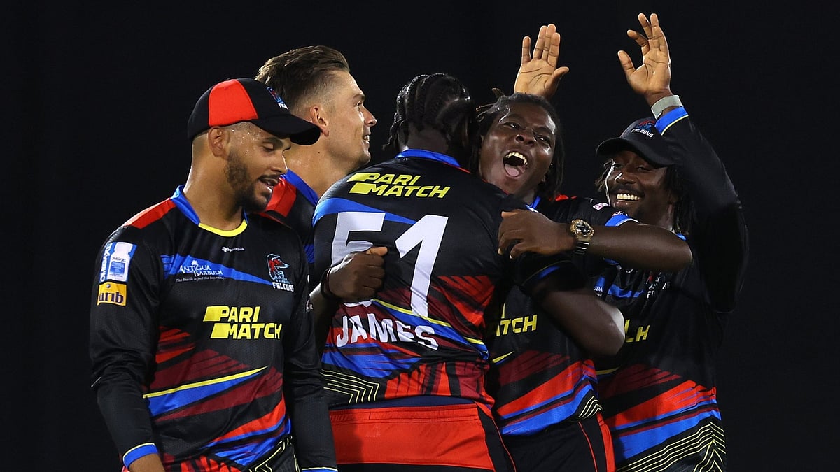 X/AntiguaFalcons : The Antigua And Barbuda Falcons celebrate fall of a wicket.