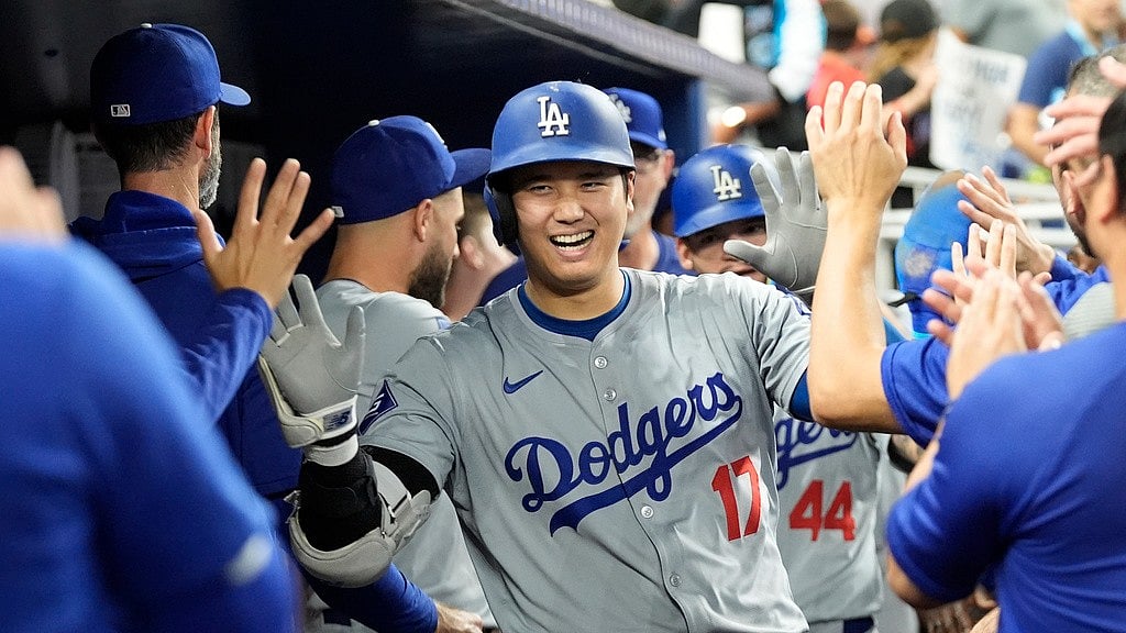 Los Angeles Dodgers' Shohei Ohtani (17) celebrates after hitting a home run during the sixth inning of a baseball game against the Miami Marlins, Thursday, Sept. 19, 2024, in Miami. - AP/Marta Lavandier