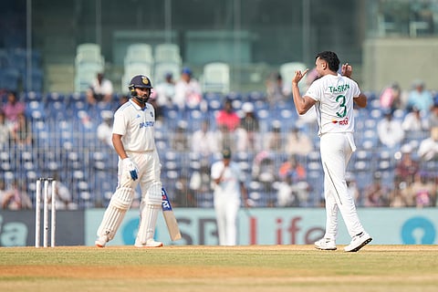 IND Vs BAN, 1st Test Day 2: Bangladesh's Taskin Ahmed celebrates the wicket of India's captain Rohit Sharma