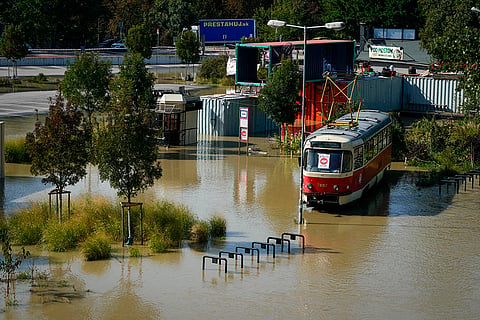 Central Europe Floods: An old tram car is parked near the Danube river in Slovakia