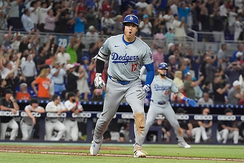Dodgers vs Marlins Baseball: Shohei Ohtani (17) reacts after hitting his 50th home run 