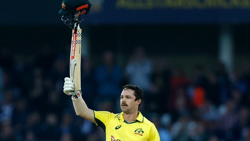 AP/Nigel French : Australia's Travis Head celebrates 100 runs during the first one day international match between England and Australia, at Trent Bridge, Nottingham, England, Thursday Sept. 19, 2024.