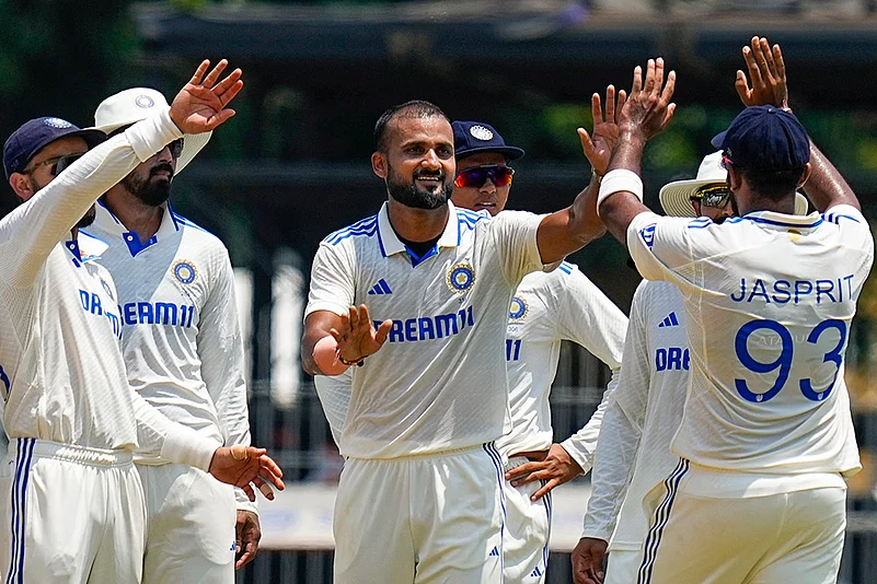 Akash Deep celebrates after taking the wicket of Bangladeshs Zakir Hasan