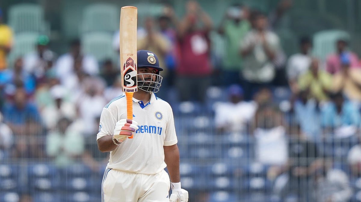 AP/Mahesh Kumar A : Rishabh Pant celebrates his milestone against Bangladesh
