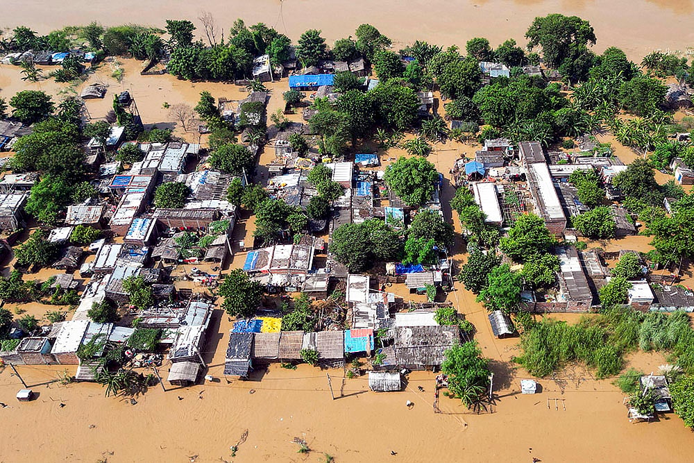 Aerial view of an area inundated with water of the swollen Ganga river