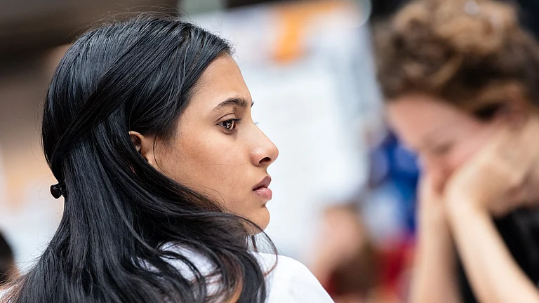 India's Divya Deshmukh beat China's Ni Shiqun in round of FIDE Chess Olympiad 2024 in Budapest. - FIDE/Maria Emelianova