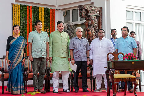 Delhi CM-designate Atishi with Saurabh Bharadwaj, Gopal Rai, Kailash Gahlot, Imran Hussain and Mukesh Ahlawat