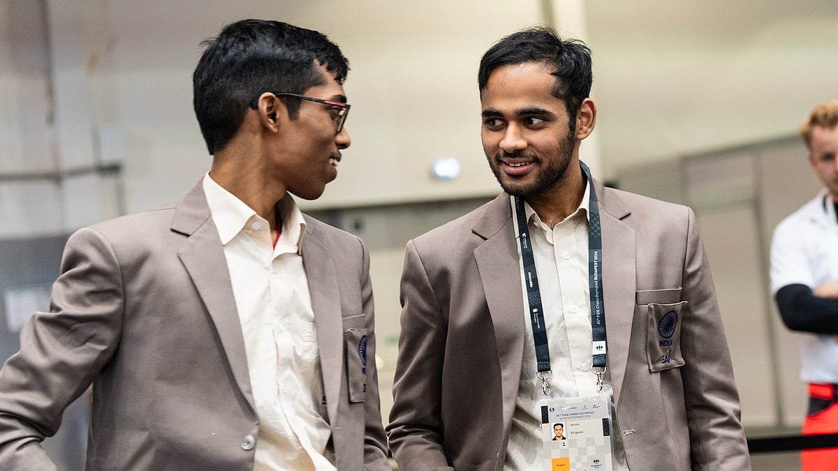 FIDE/Maria Emelianova : Indian grandmasters R Praggnanandhaa and Arjun Erigaisi at FIDE Chess Olympiad 2024 in Budapest.