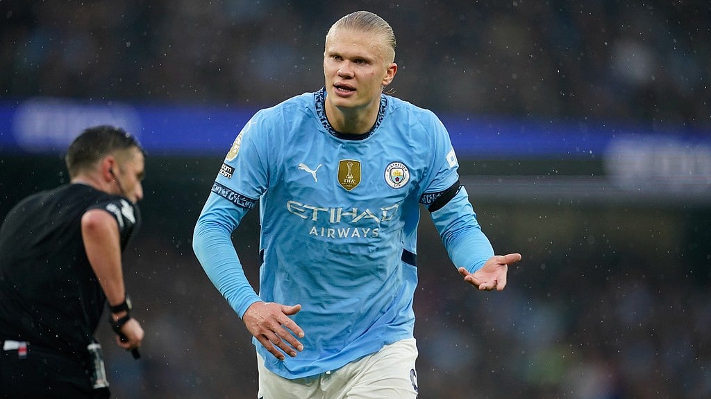 Erling Haaland gestures during the English Premier League match between Manchester City and Arsenal at the Etihad stadium. - AP/Dave Thompson