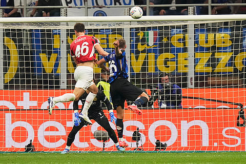 Serie A Soccer, Inter Milan Vs AC Milan: AC Milan's Matteo Gabbia, left, scores his side's second goal