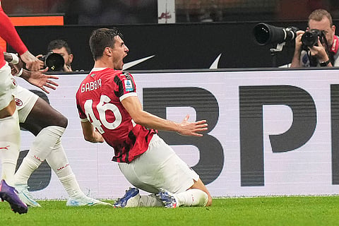 Serie A Soccer, Inter Milan Vs AC Milan: AC Milan's Matteo Gabbia celebrates after scoring his side's second goal