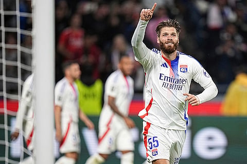 Ligue 1 Soccer, Marseille vs Lyon: Lyon's Duje Caleta-Car celebrates after scoring a goal