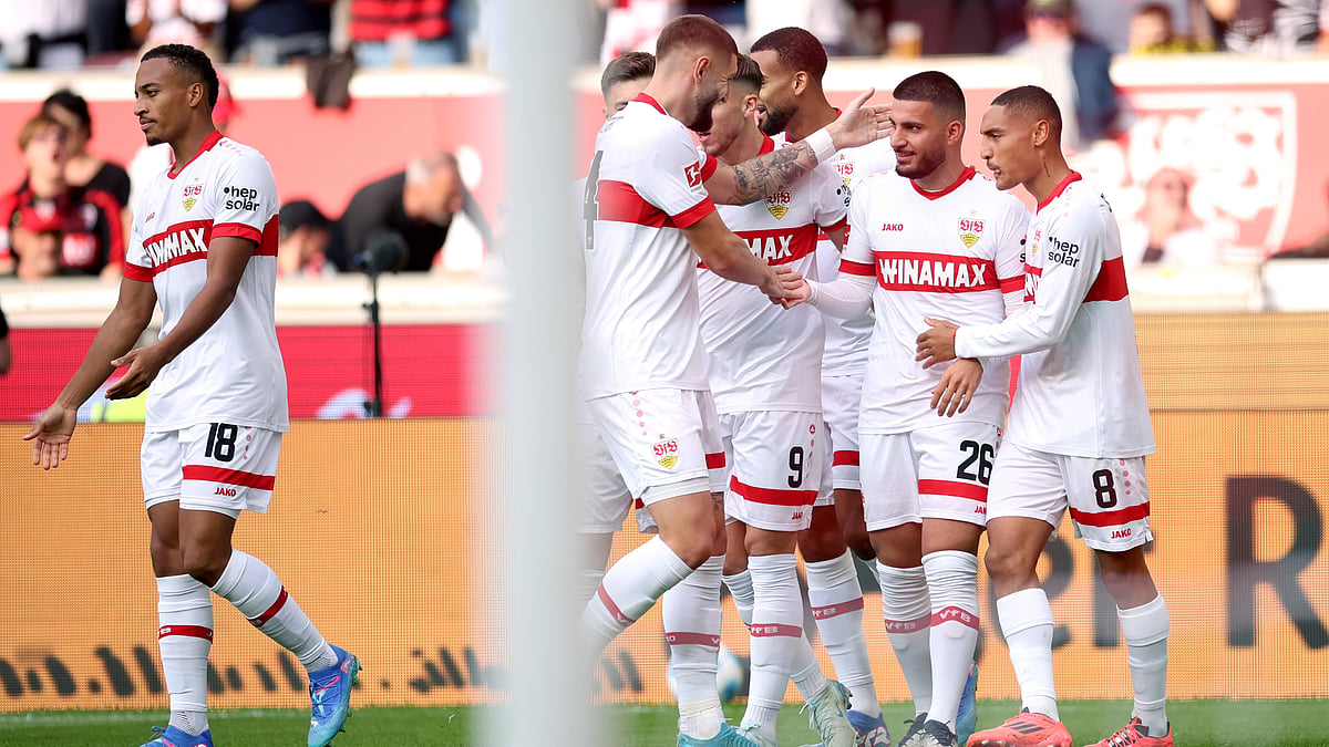 Stuttgart's players celebrate Deniz Undav's opener on Sunday - null