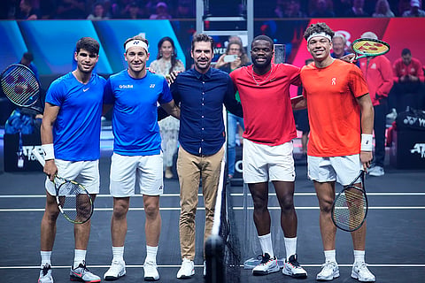 Laver Cup 2024, Team Europe vs Team World: Team World's Frances Tiafoe and Ben Shelton, right, Team Europe's Carlos Alcaraz, left, and Casper Ruuda, second left, pose for photo ahead their doubles match
