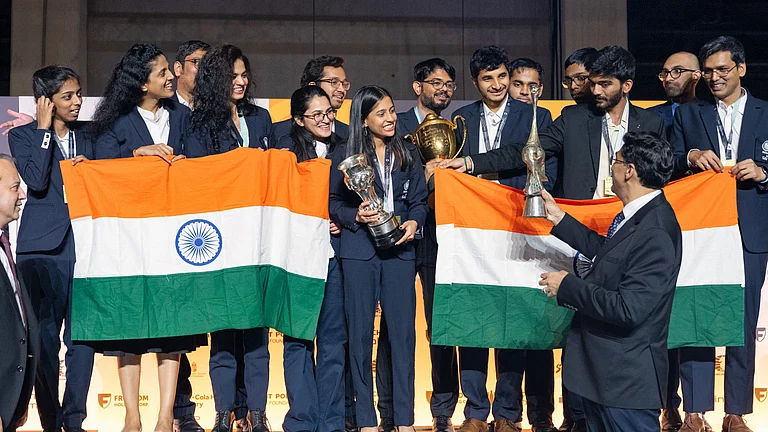 Indian teams at the presentation ceremony of the 45th Chess Olympiad in Budapest, Sunday, Sept. 22, 2024. - PTI