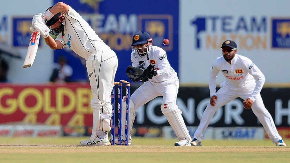 | Photo: AP/Viraj Kothalawala : Sri Lanka vs New Zealand 1st Test: New Zealand's Daryl Mitchell is bowled out by Sri Lanka's Ramesh Mendis 