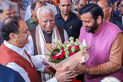 2024 Haryana Assembly polls:  JP Nadda being greeted by Union Minister Manohar Lal Khattar and Haryana Chief Minister Nayab Singh Saini 