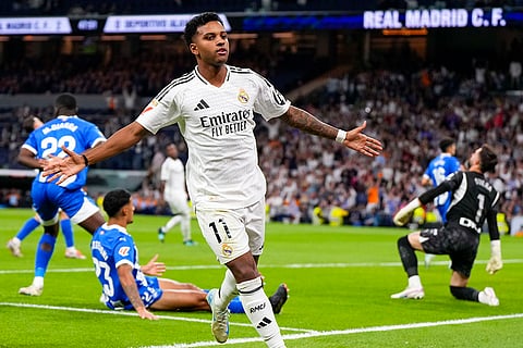 La Liga 2024-25, Real Madrid vs Alaves: Real Madrid's Rodrygo celebrates his side's third goal 