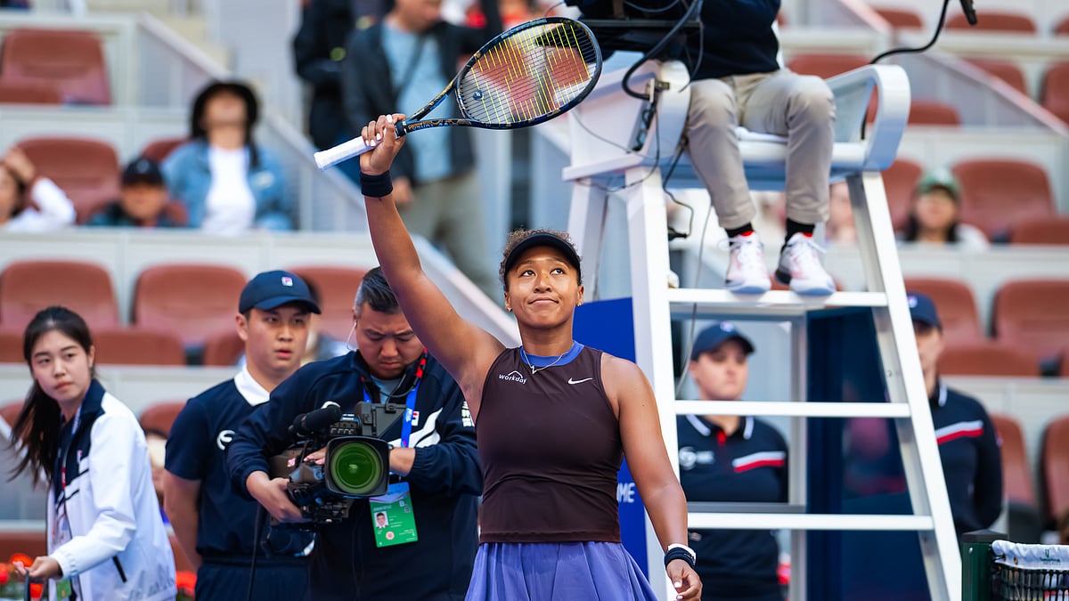 Naomi Osaka celebrates after converting match point on Wednesday