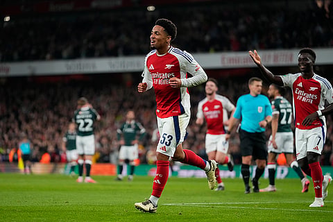 EFL Cup, Arsenal vs Bolton Wanderers: Arsenal's Ethan Nwaneri, center, celebrates after scored his side's the second goal 