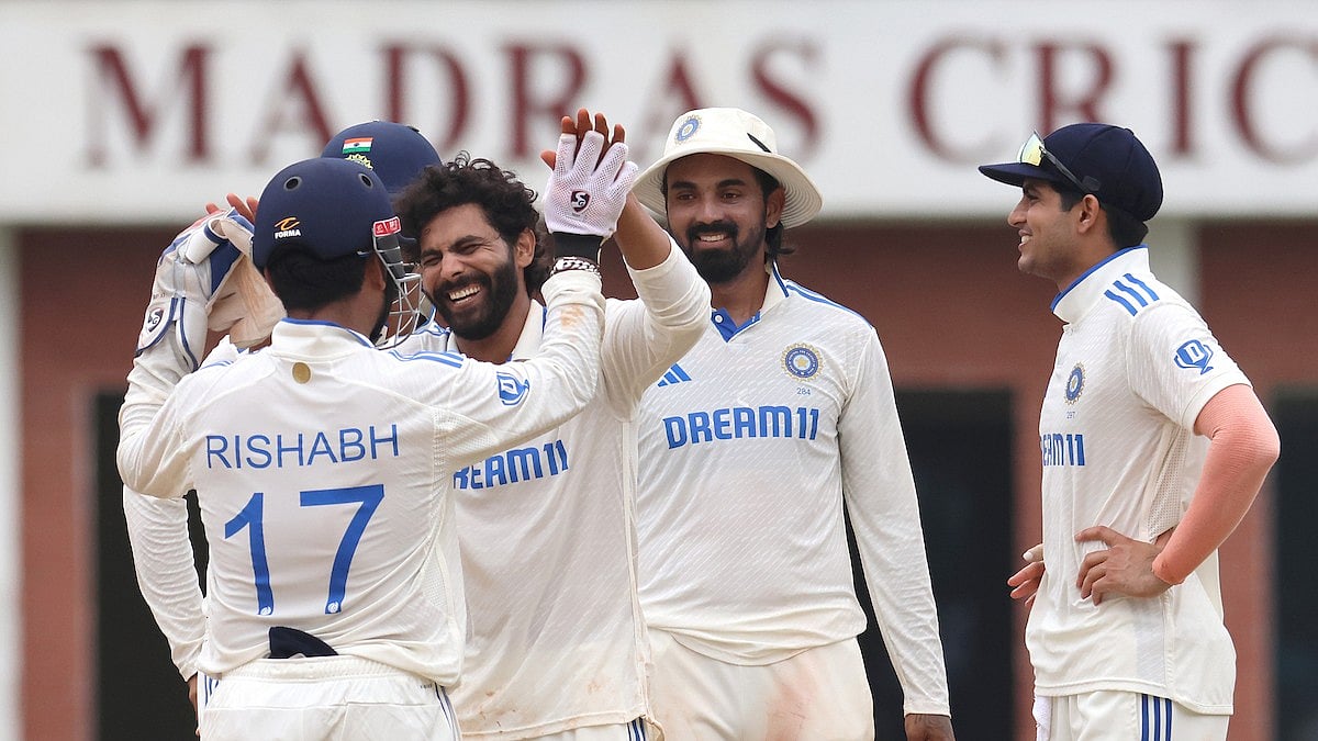 Photo: X | BCCI : Indian cricket team players celebrating a wicket during the 1st Test against Bangladesh in Chennai.