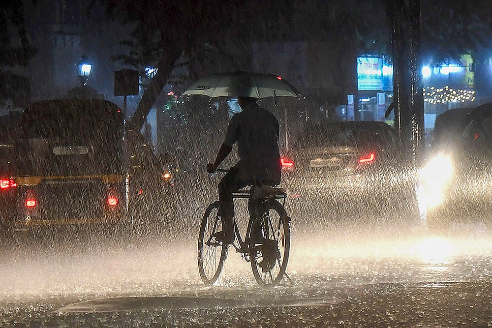 | Photo: PTI : Rains in Mumbai: A man holds an umbrella while riding a cycle
