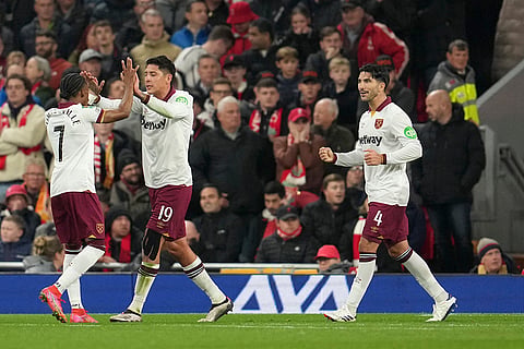 EFL Cup, Liverpool vs West Ham: West Ham players celebrate after scoring the opening goal 