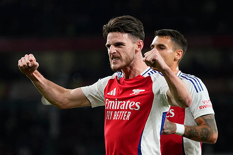EFL Cup, Arsenal vs Bolton Wanderers: Arsenal's Declan Rice, left, celebrates after scores his side's first goal