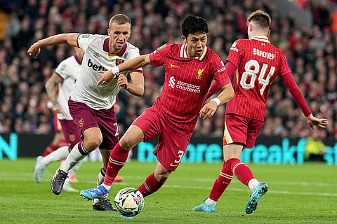 EFL Cup, Liverpool vs West Ham: Liverpool's Wataru Endo runs with the ball 