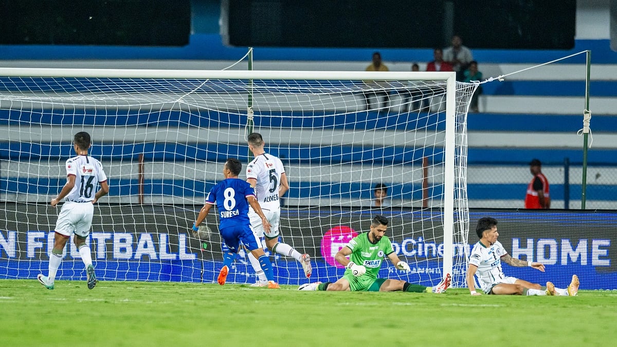 ISL : BFC players (in blue) celebrate their side's second goal against Mohun Bagan Super Giant.