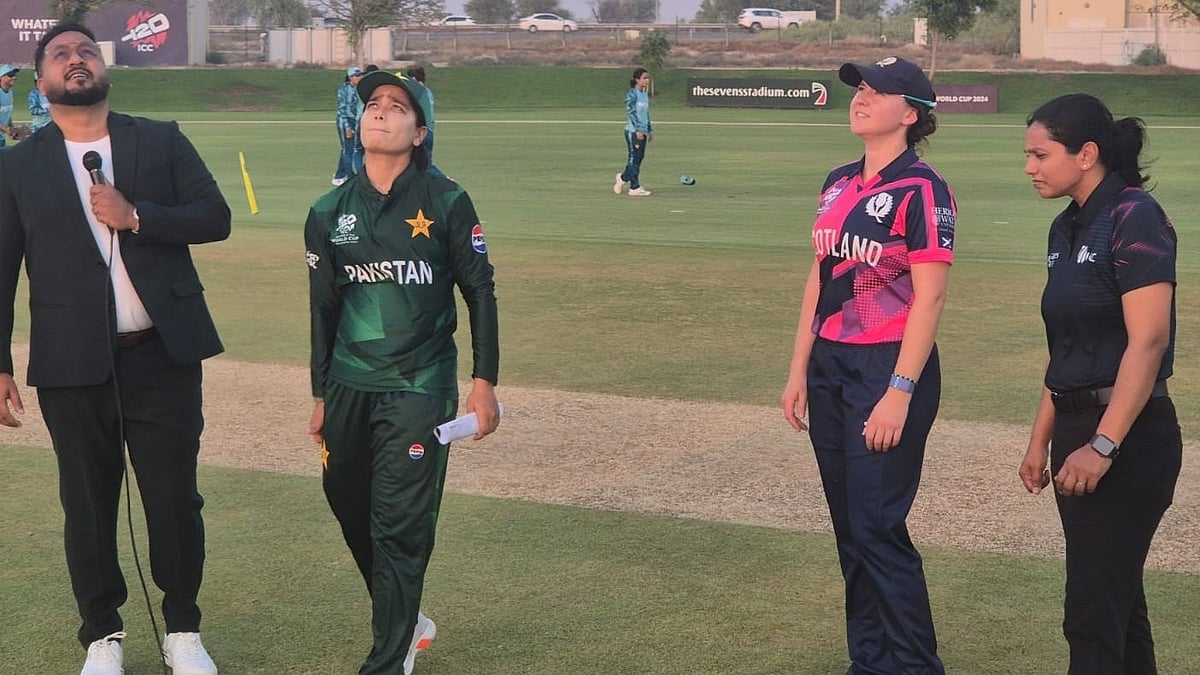 X/Pakistan Cricket Live : Captains Fatima Sana Khan and Kathryn Bryce at the toss for the Pakistan vs Scotland, Women's T20 World Cup warm-up game in Scotland.
