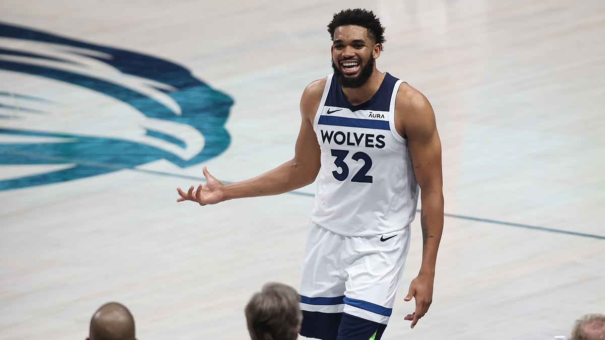 Karl-Anthony Towns #32 of the Minnesota Timberwolves reacts during the fourth quarter against the Dallas Mavericks in Game Four of the Western Conference Finals at American Airlines Center on May 28, 2024 in Dallas, Texas.