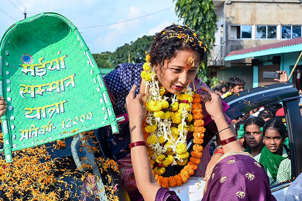 JMM leader Kalpana Soren during a programme as part of her Maiya Samman Yatra, at Chaibasa