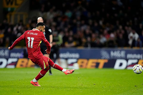 English Premier League 2024-25, Wanderers vs Liverpool: Liverpool's Mohamed Salah scores his side's second goal