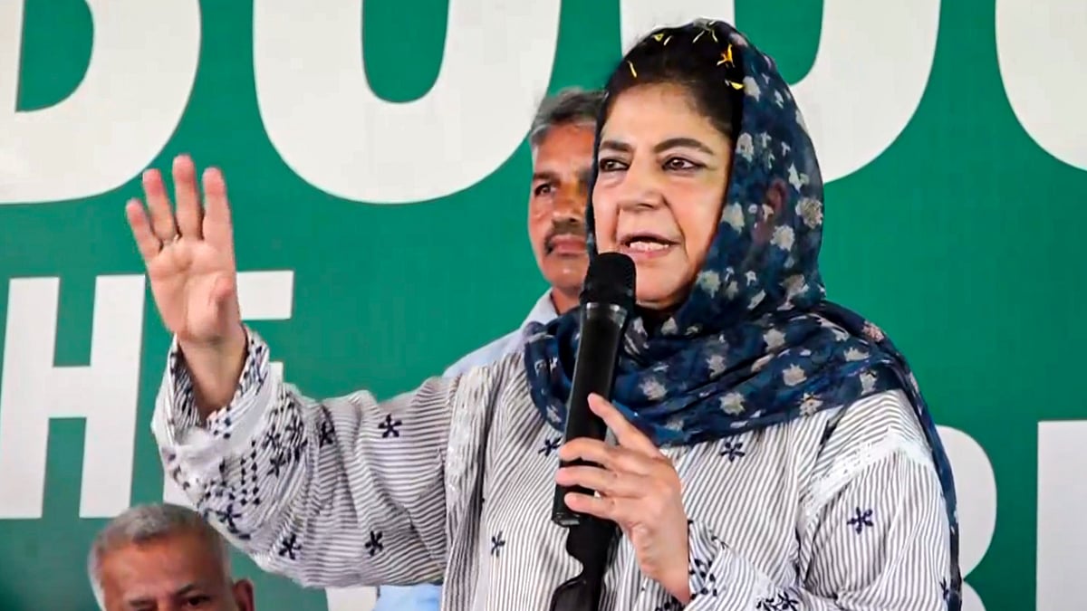 PDP President Mehbooba Mufti speaks during a public meeting for Jammu & Kashmir Assembly elections, at RS Pura in Jammu district, Wednesday, Sept. 25, 2024.  - PTI