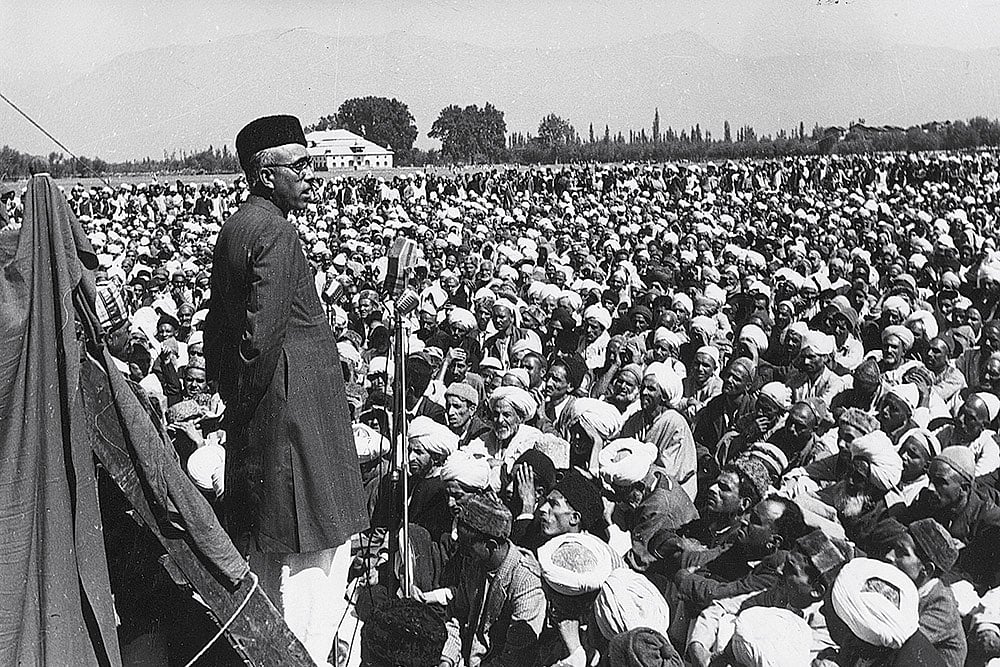 Photo: Getty Images : Sheikh Abdullah at a prayer meeting in Srinagar’s Gandhi Park in 1949