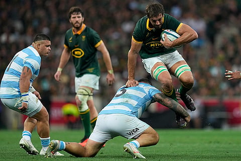 Rugby Championship: South Africa's Eben Etzebeth, right, is tackled by Argentina's Joel Sclavi 