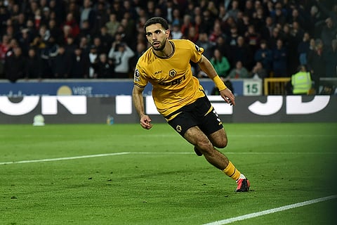 English Premier League 2024-25, Wanderers vs Liverpool: Wolverhampton Wanderers' Rayan Ait-Nouri celebrates scoring his side's first goal