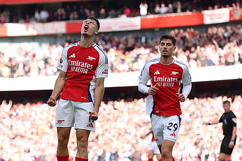 English Premier League 2024-25, Arsenal vs Leicester City: Arsenal's Gabriel Martinelli celebrates after scoring his side's opening goal 